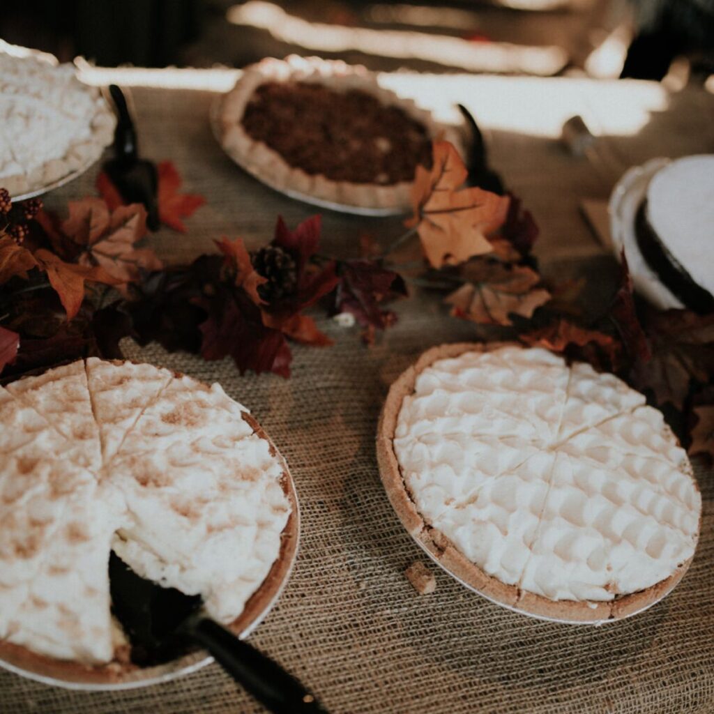 several pies sitting on a table