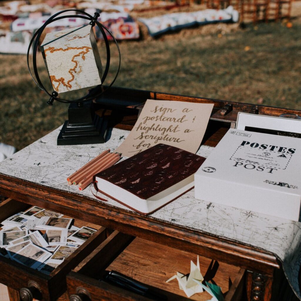 table with bible, globe, post cards and pens