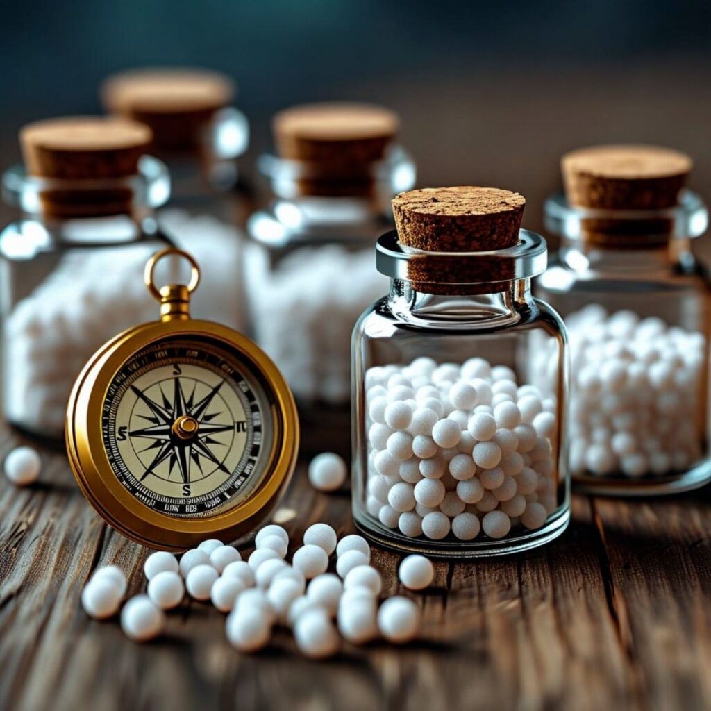 a compass sitting on a table with several bottles of homeopathic remedies sitting around it