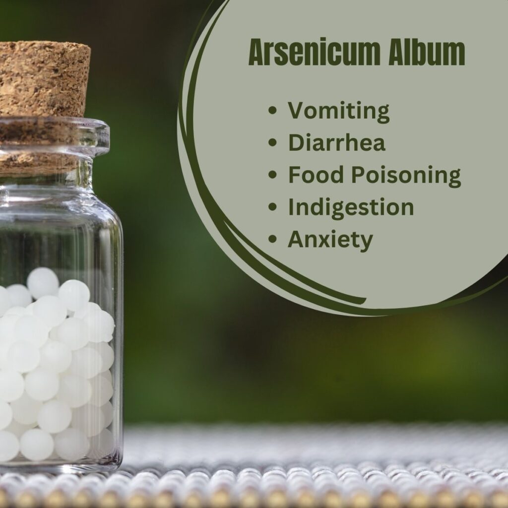 Bottle of a homeopathic remedy with the words Arsenicum Album and a list of symptoms it helps