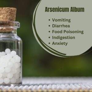 Bottle of a homeopathic remedy with the words Arsenicum Album and a list of symptoms it helps