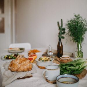 a table full of food and drink