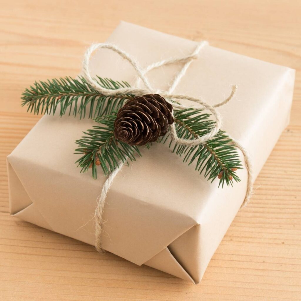 brown paper wrapped present tied with twine and with a Christmas tree branch and pine cone on top