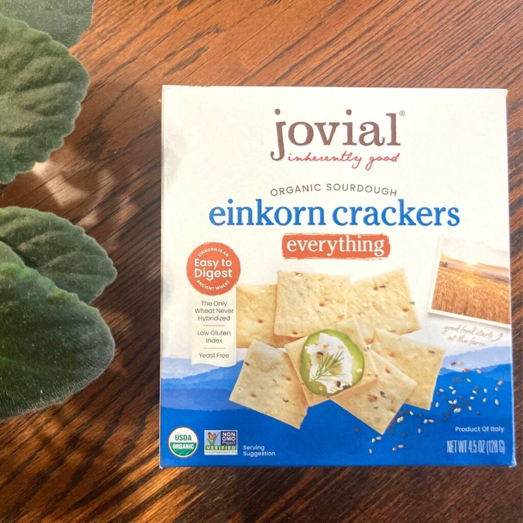 Box of Jovial einkorn crackers sitting on a table