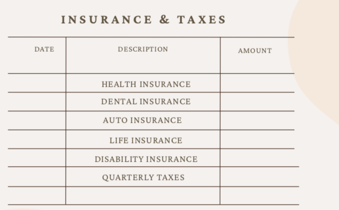 screenshot of a budget worksheet with insurance and taxes categories