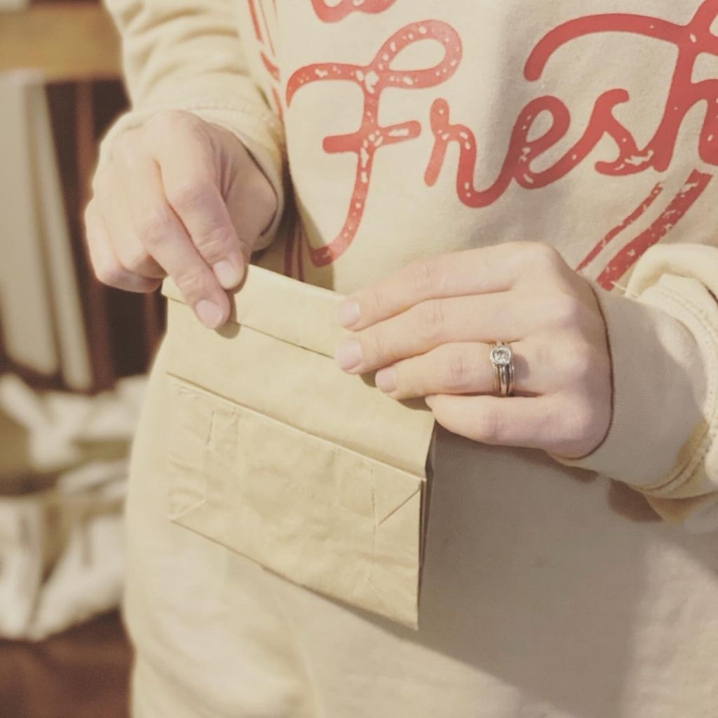 two hands holding a paper bag with the top folded down
