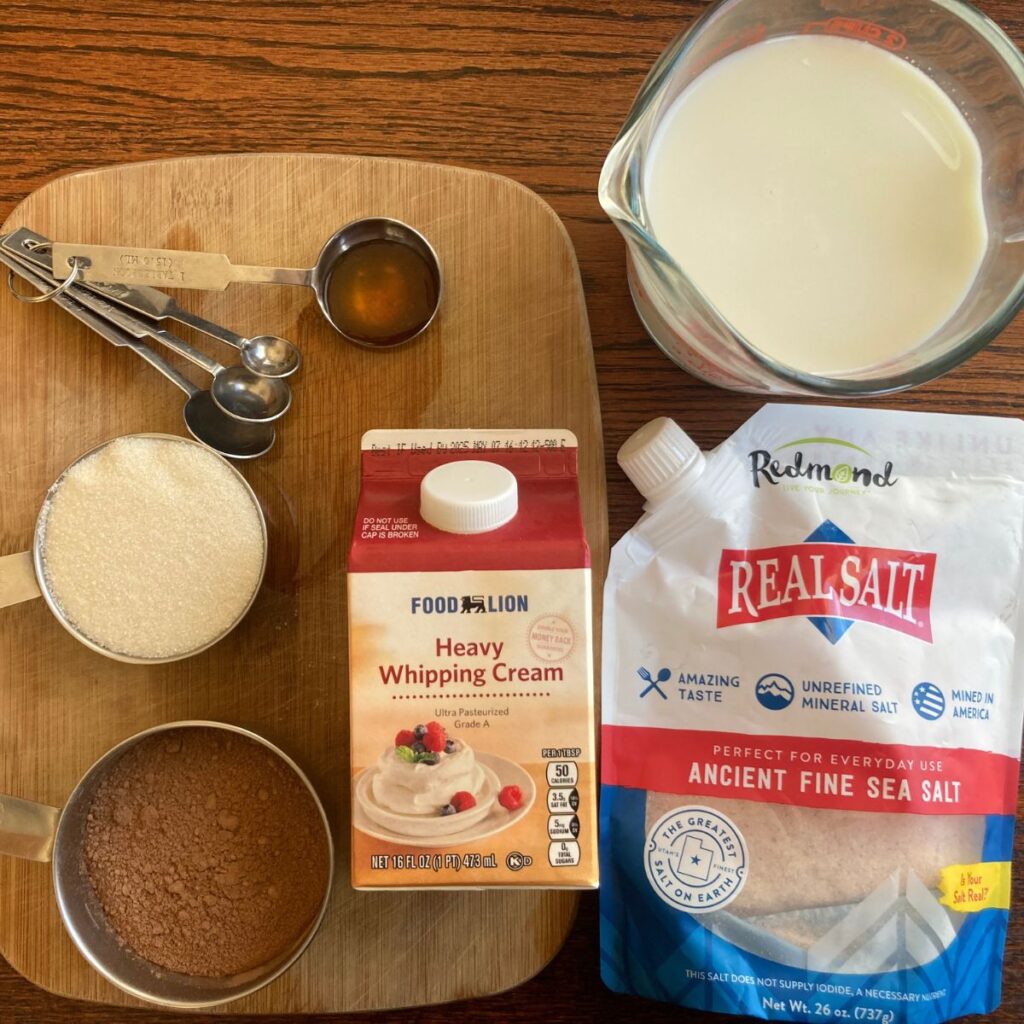 top down photo of ingredients to make chocolate raw milk ice cream