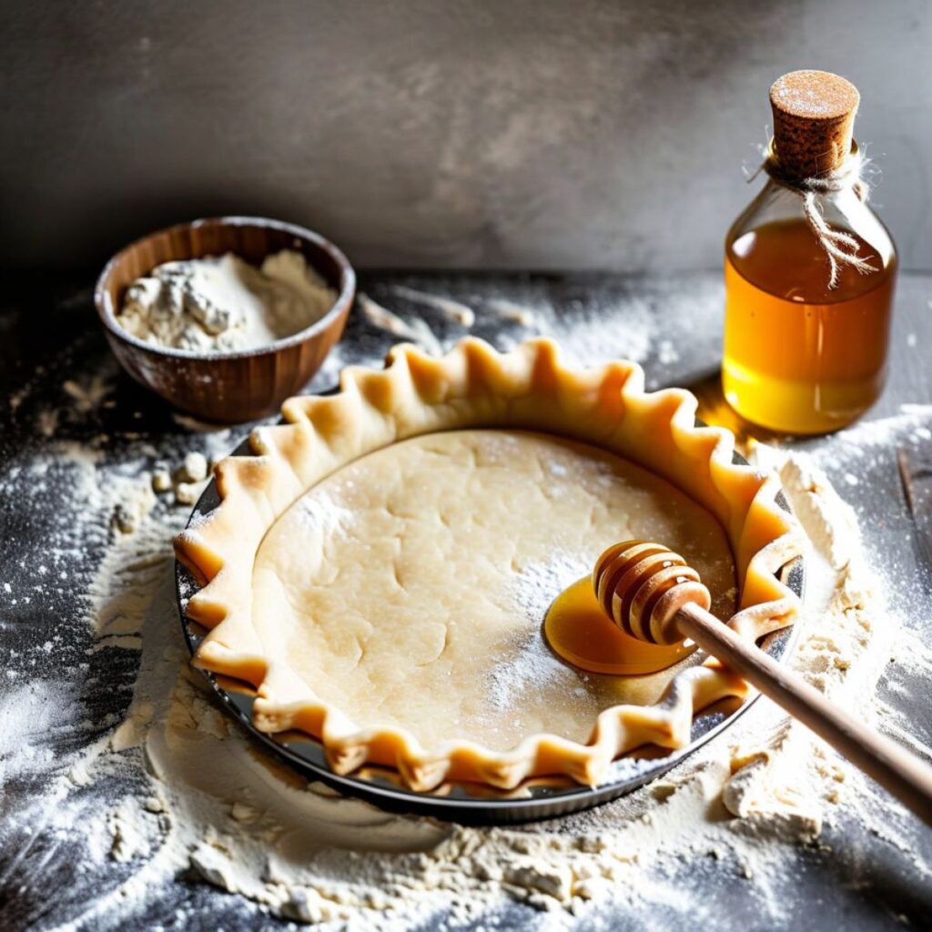 homemade pie crust with bottle of honey sitting on table and flour sprinkled around